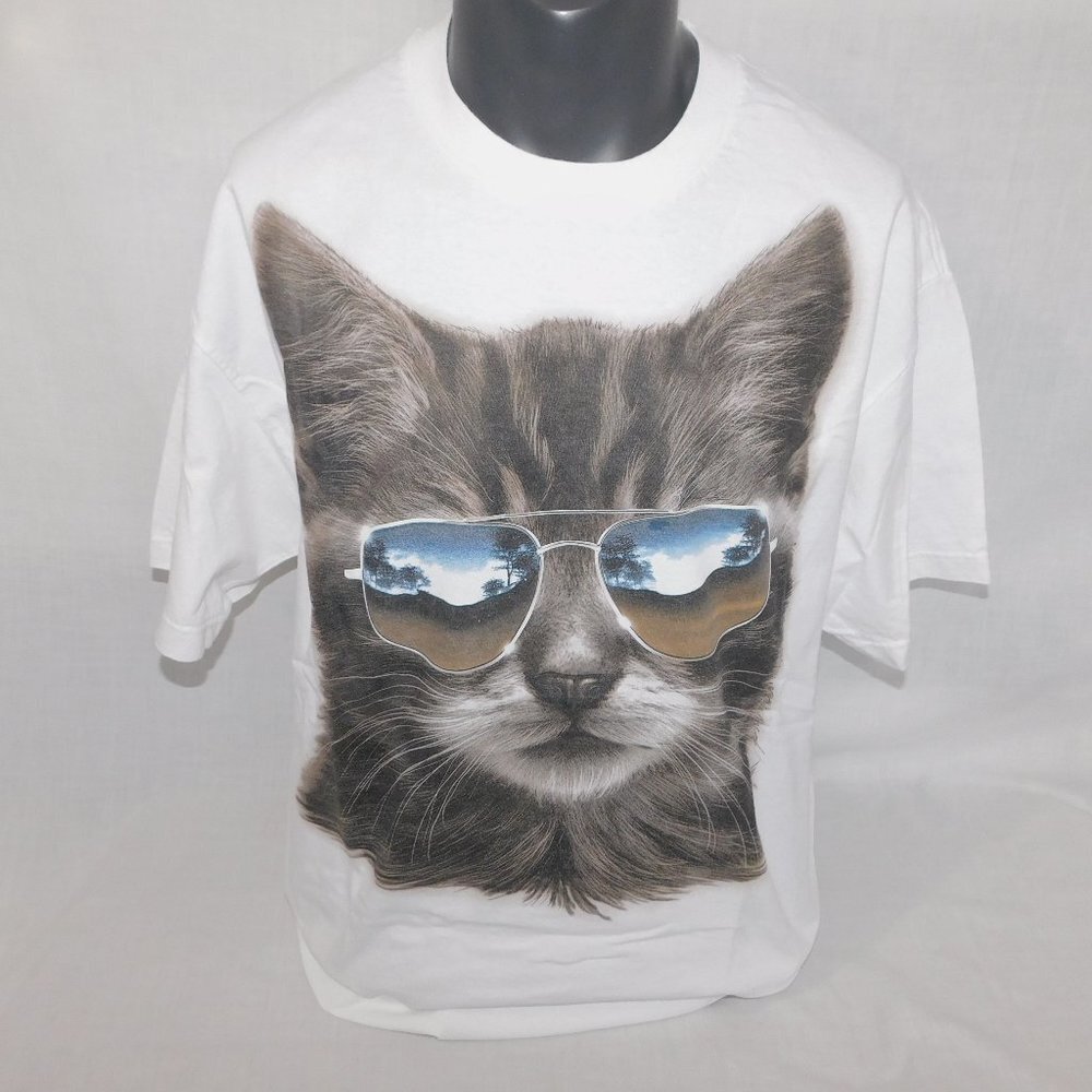 Gray Tabby Cat Wearing Aviator Sunglasses White Graphic T Shirt Mens XL